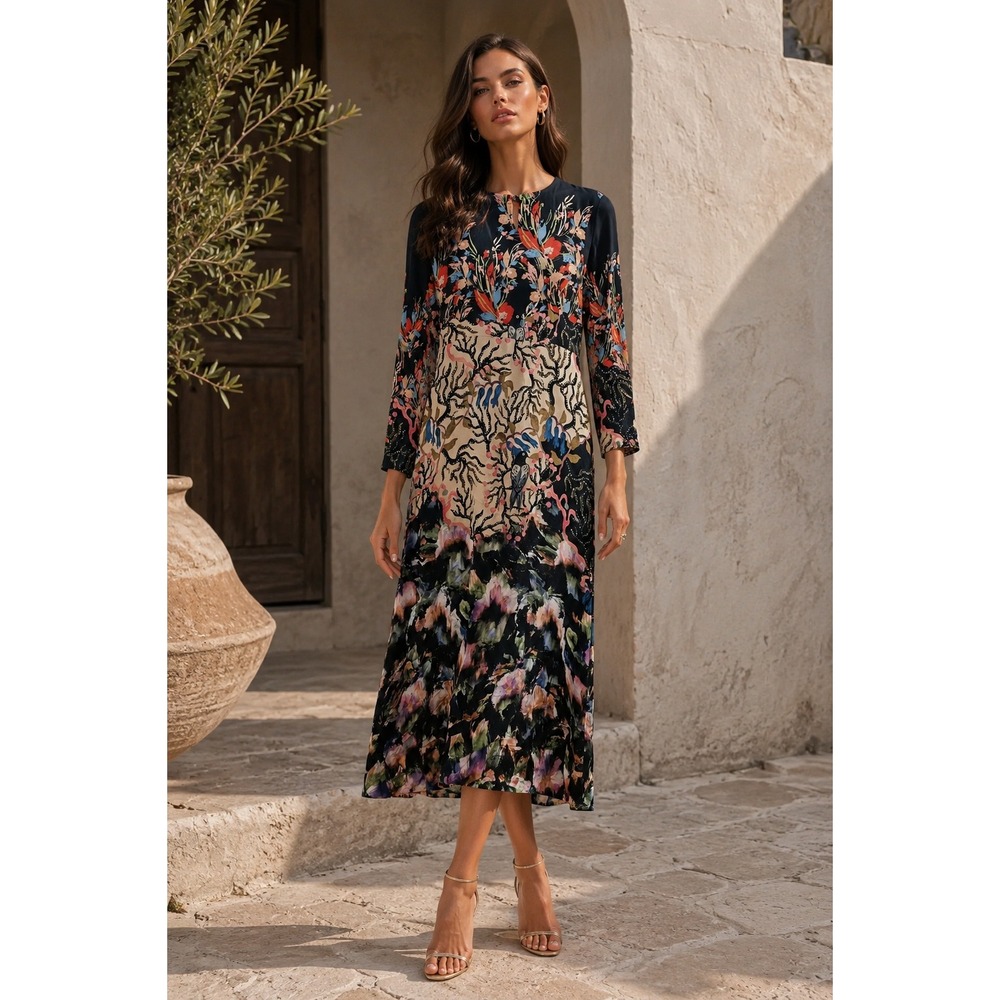 H&M HM Patterned Dress Birds Flowers Midi size US 2 Slit Back Long Sleeve Boho